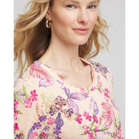Chicos Womens XL Tropical Floral Elbow Sleeve Tee Crew Neck Shirt - Picture 3 of 14